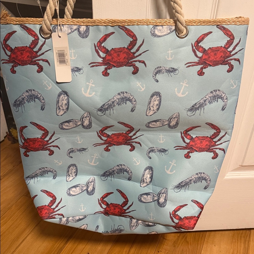Coastal Crab & Shell Tote Bag in Light Blue Huge! NWT